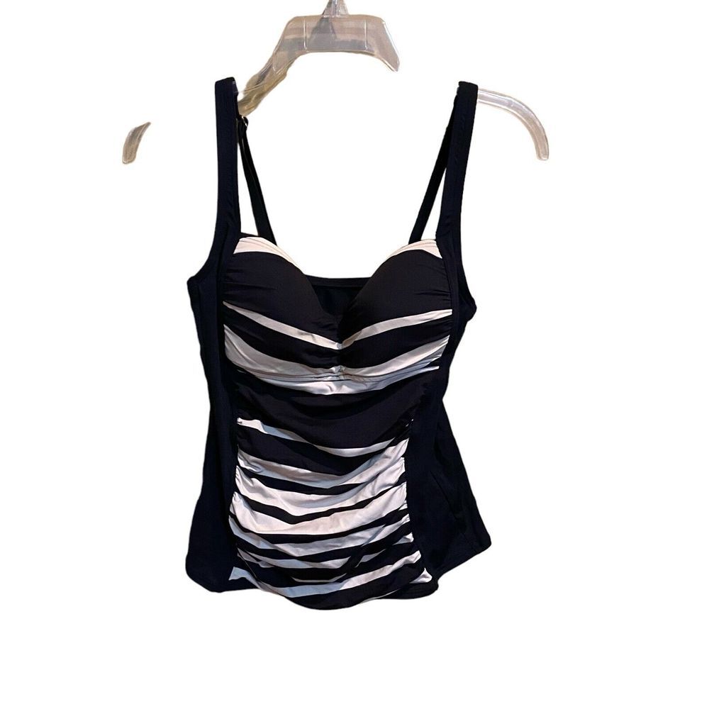 liz claiborne swimwear tankini black ruched sides black &‎ beige stripes Size 10